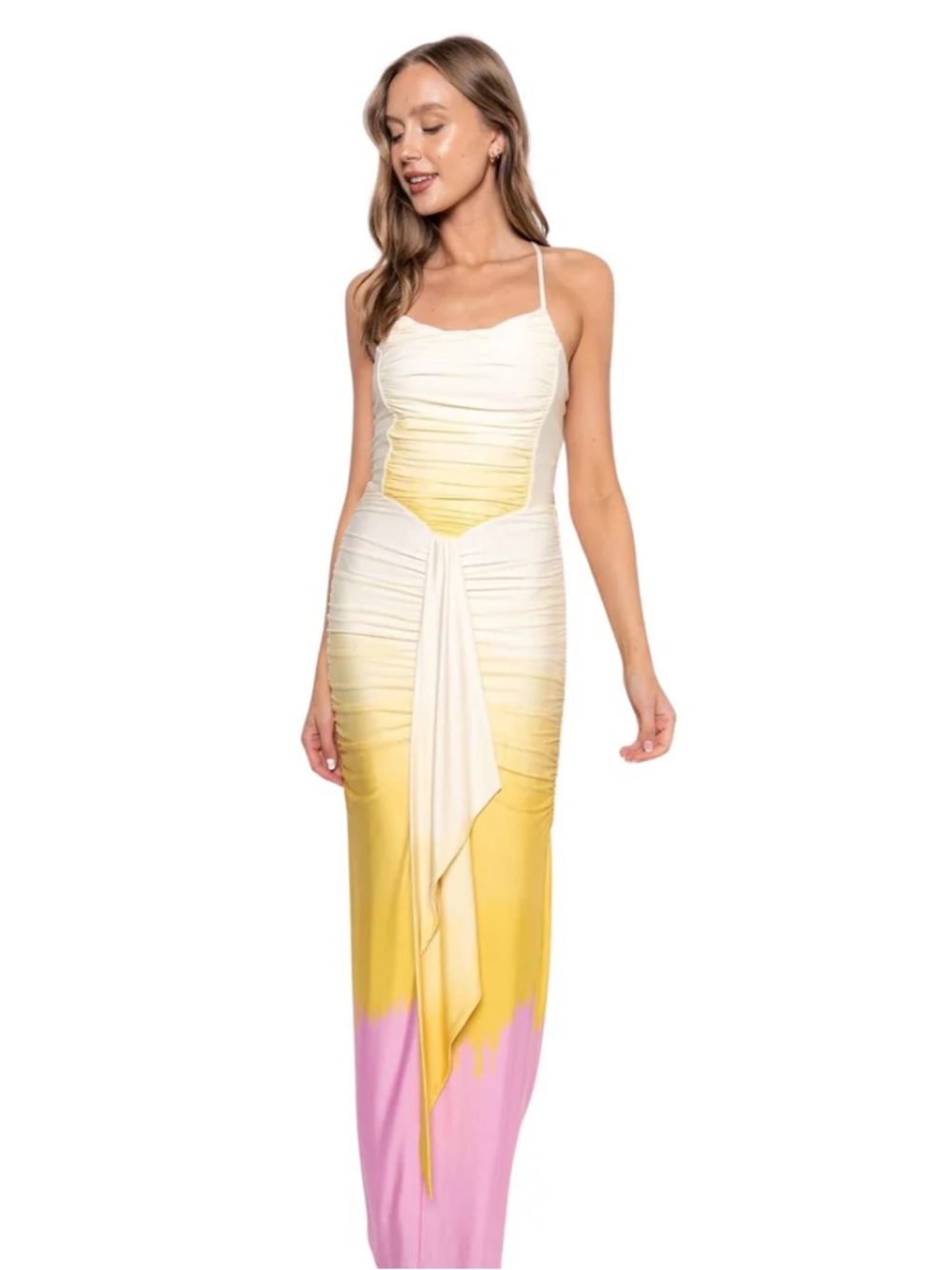 Sleeveless Ombre Ruched Maxi Dress in White, Yellow & Pink